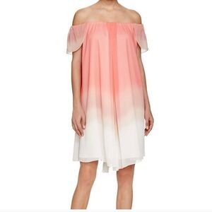 Rebecca Minkoff Chiffon Ombre Off ShoulderDress in Coral and White.